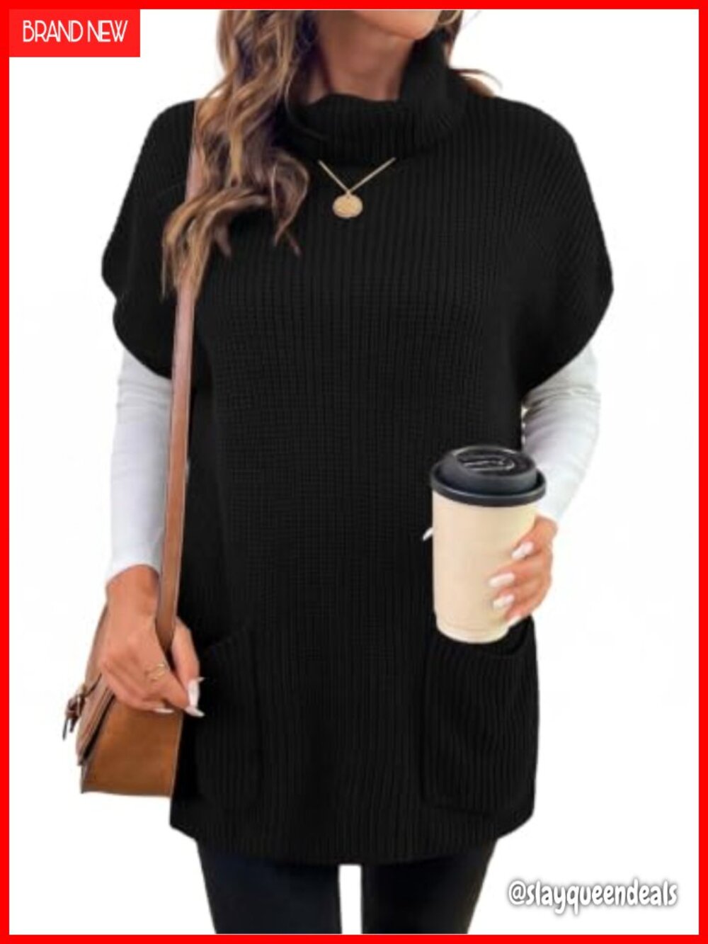 Crochet Knit Turtleneck Sweater Vest Tunic with Pockets